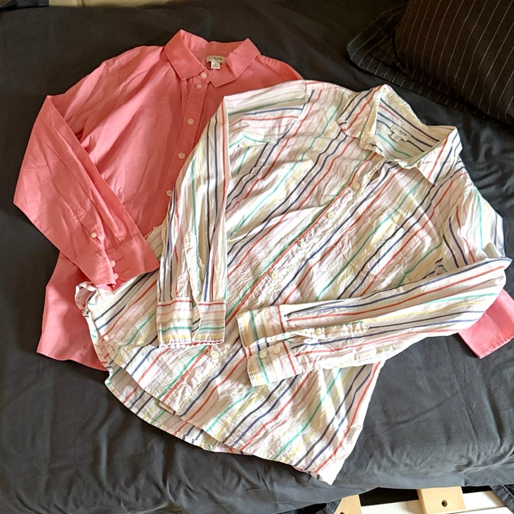 2 J. Crew Pink and Multicolor Striped Button Down Shirts M